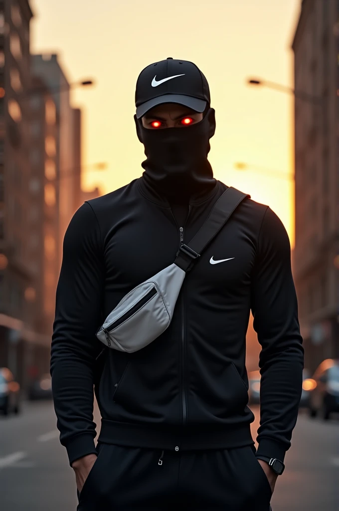 a man between old skyscrapers with a black sports bag, a balaclava, red eyes, a deep black Nike cap and a tracksuit. He also wears a white fanny pack. In the background you can see a sunset at the end of the skyscrapers 