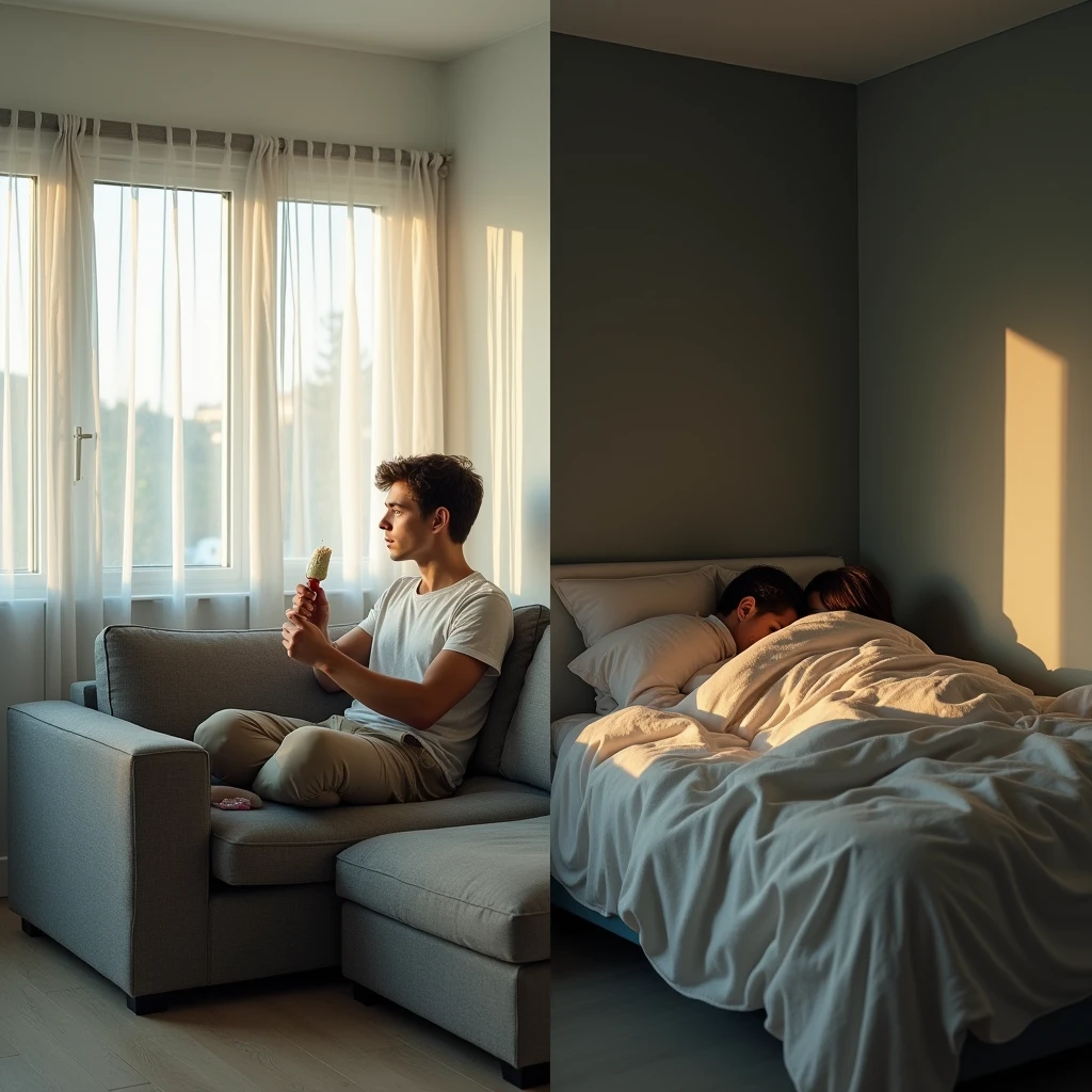 Two apartments from a prefab building right next to each other. In one apartment, a young German man in his living room, sitting alone on the couch with an ice cream in his hand, longing for peace and quiet. In the other apartment, two people in the bedroom under a blanket, no heads. Hyper-detailed realistic, 8k, realistic person and style