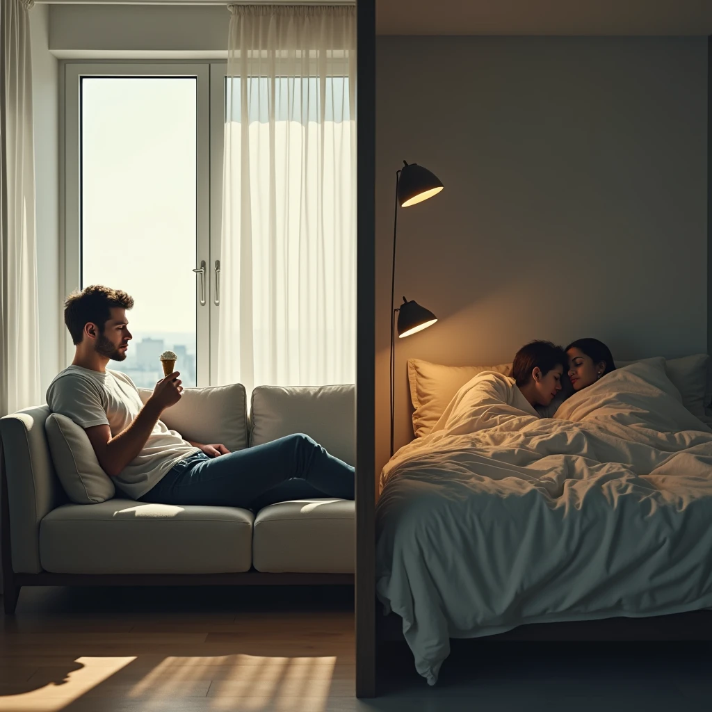 Two apartments from a prefab building right next to each other. In one apartment, a young German man in his living room, sitting alone on the couch with an ice cream in his hand, longing for peace and quiet. In the other apartment, two people in the bedroom under a blanket, no heads. Hyper-detailed realistic, 8k, realistic person and style