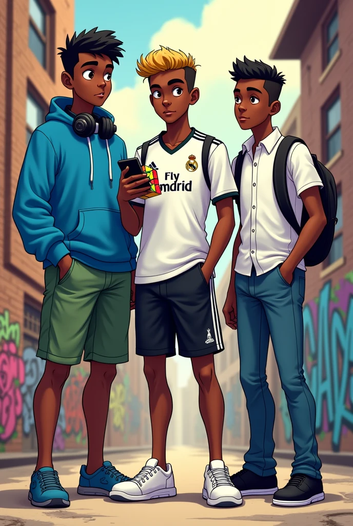 An image in a superhero animation style (Invincible series style). Three black teenage friends, one is wearing a blue hooded sweatshirt, green shorts and slippers, short hair and headphones around the neck with a Rubik's cube in hand. Another is wearing a white Real Madrid shirt, black shorts and white sneakers with cell phone in hand, gradient hair. Another one wears a white button-down shirt, jeans and black shoes and backpack, really short hair.
Everyone is looking forward, the middle one is slightly shorter and the first one is the tallest. Don't give them the same face
