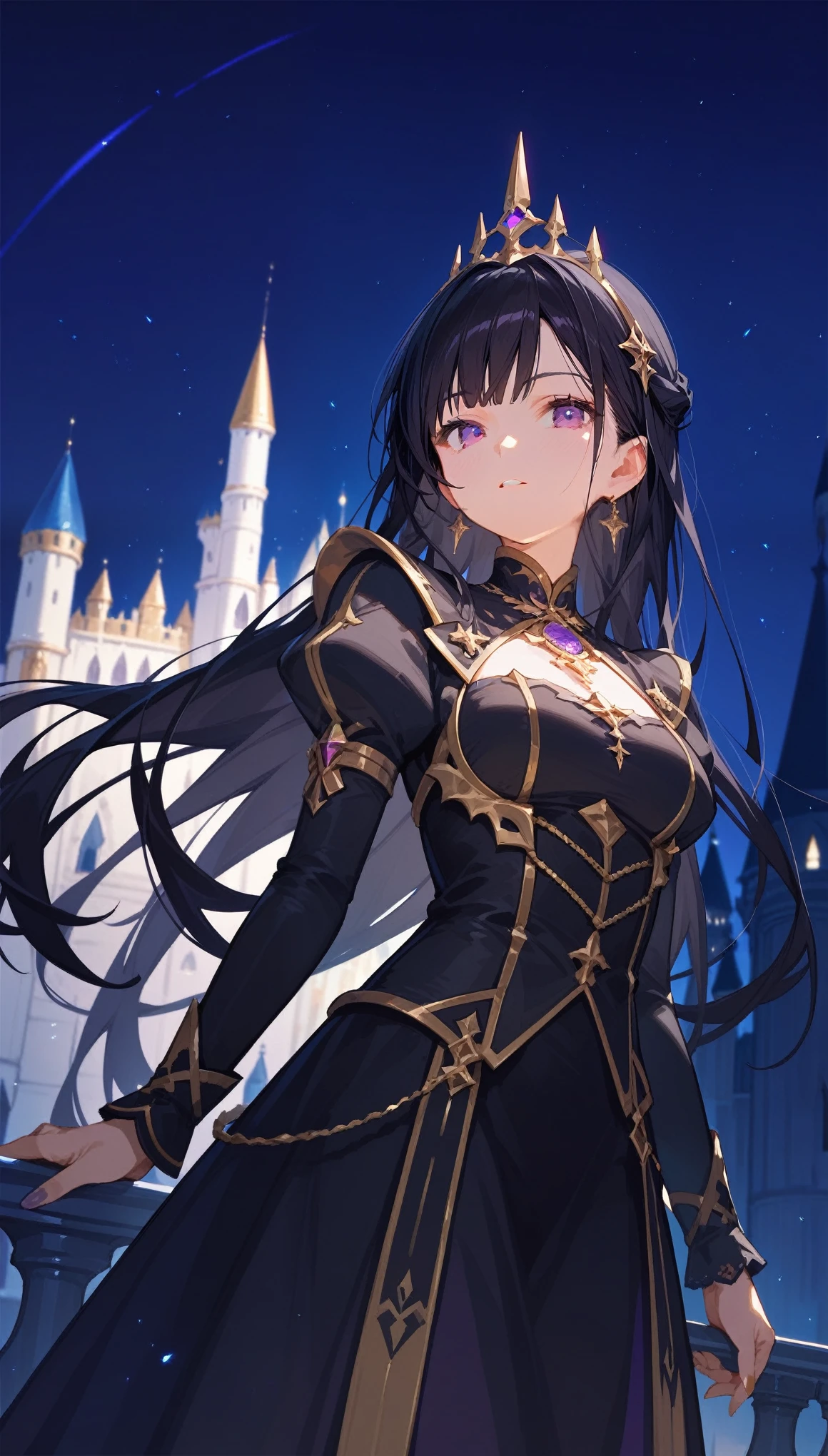 (best quality),female,solo,purple eyes,black dress,gold trim,black hair,night,in castle,score_9, score_8_up, score_7_up, source_anime
