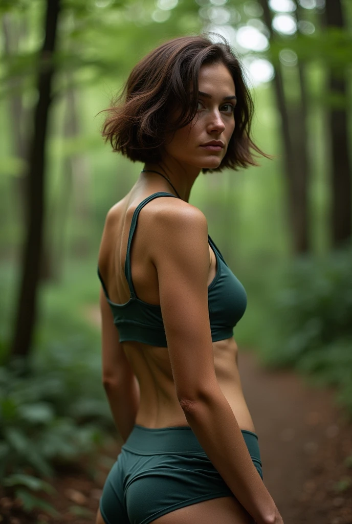 (photorealism:1.2)Full-body photo of a person standing, shot at a 45-degree angle from the side, with a Phase One medium-format camera and an 80mm lens. The subject is sharply focused, with a blurred background (bokeh effect). The image is vibrant and visually striking, with dramatic lighting and bold use of color. The composition is avant-garde, with a fashion-forward aesthetic. Photographed outdoors with creative light effects, capturing the dynamic and artistic style of Nick Knight — emphasizing texture, movement, and unconventional beauty. A women on her 40 athletic body, short brown hair standing in the forest
