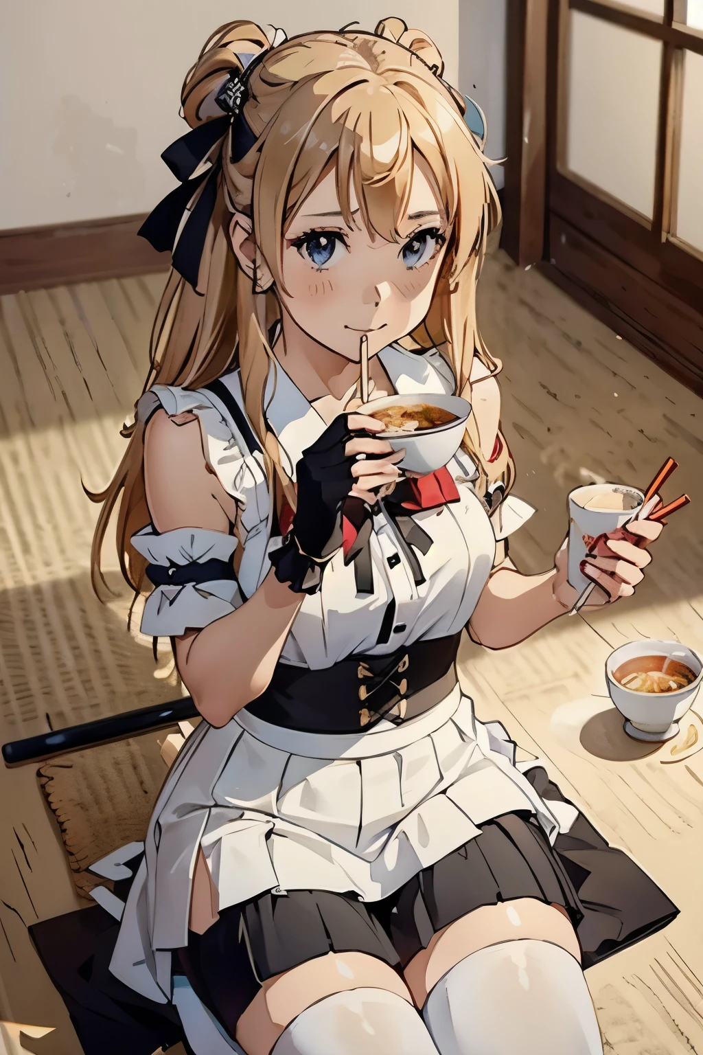 masterpiece, top quality, bewitching pose, full body wide angle, smile, (sitting:1.1) ,ichiraku ramen, (eating ramen noodles:1.0), holding chopsticks and ramen bowl, slurp one's noodles,, silence suzuka (umamusume), black gloves, white skirt, pleated skirt, black pantyhose, layered sleeves, puffy short sleeves, short over long sleeves, black bow, festival,