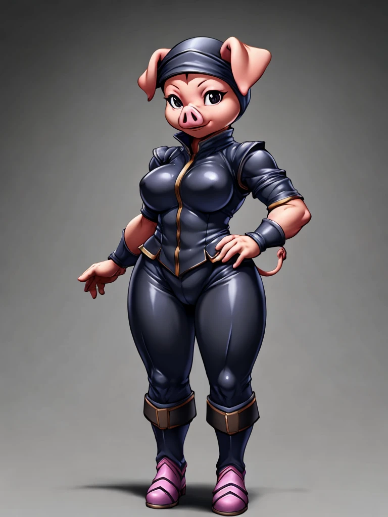 ((pig)), furry female anthro,pig girl,HD,sharp,beautiful and detailed,woman ((anthro)),1girl,Milf, mature woman,pink skin,(look at viewer) ,by dr comet,by pochincoff, by jlullaby,by kingbang,by obui,by ZeroQrisu,by sparrow,by gmeen,thief, thief outfit,((black outfit)),standing,((simple background)),(gray background,)