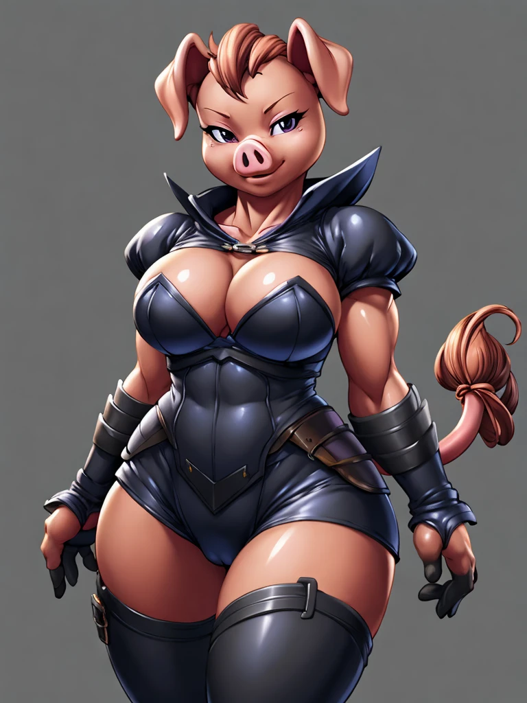 ((pig)), furry female anthro,pig girl,HD,sharp,beautiful and detailed,woman ((anthro)),1girl,Milf, mature woman,pink skin,(look at viewer) ,by dr comet,by pochincoff, by jlullaby,by kingbang,by obui,by ZeroQrisu,by sparrow,by gmeen,thief, thief outfit,((black outfit)),standing,((simple background)),(gray background,)