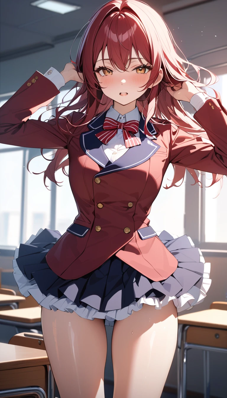 masterpiece,Highest quality,8k,uniform,classroom,high school student,Bold Pose,Big behavior,Shiny hair,Glossy skin,Japanese idol model,

