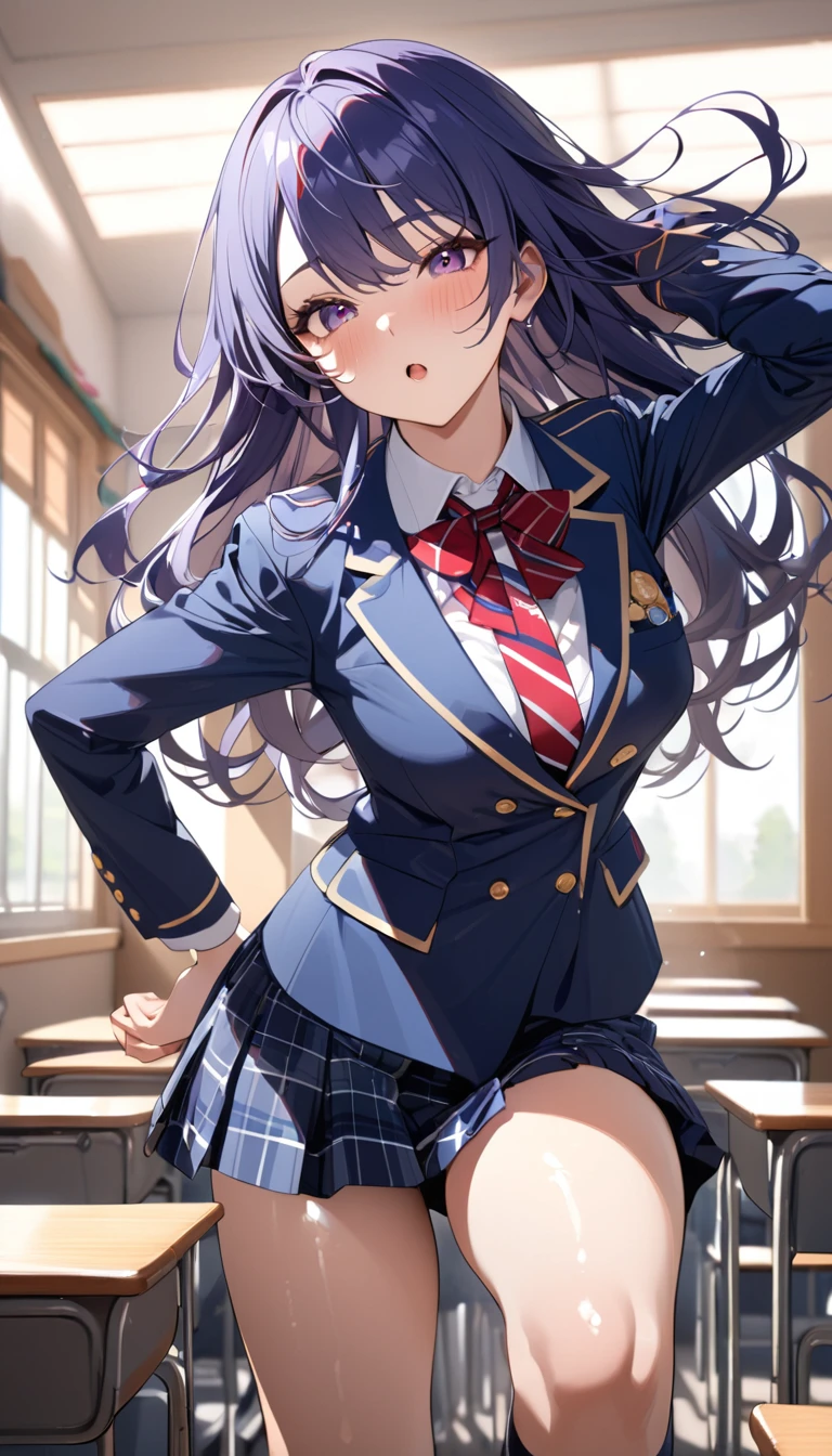 masterpiece,Highest quality,8k,uniform,classroom,high school student,Bold Pose,Big behavior,Shiny hair,Glossy skin,Japanese idol model,