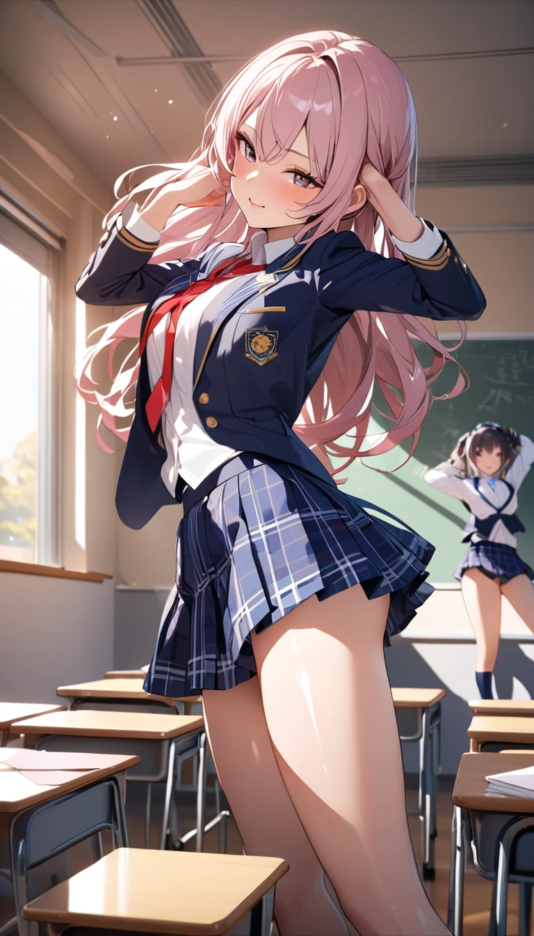 masterpiece,Highest quality,8k,uniform,classroom,high school student,Bold Pose,Big behavior,Shiny hair,Glossy skin,Japanese idol model,


