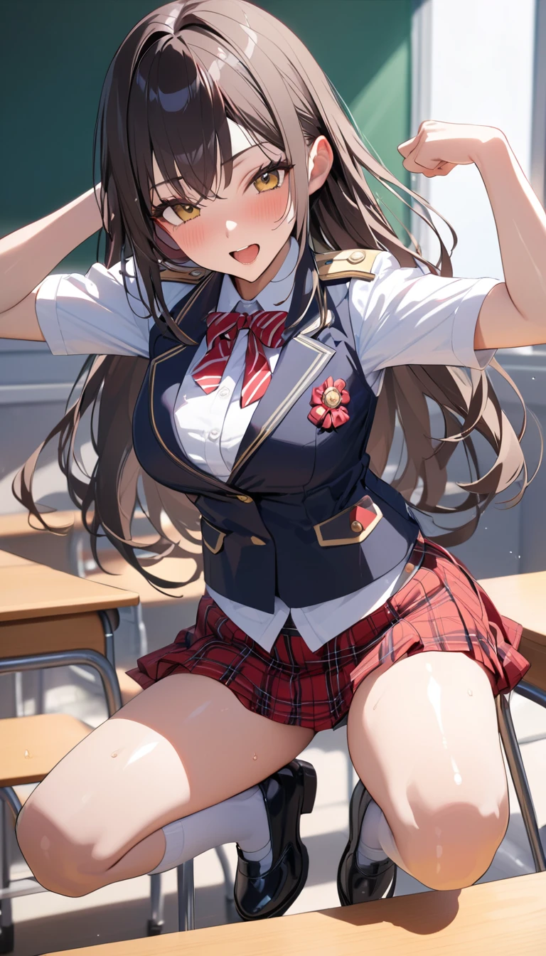 masterpiece,Highest quality,8k,uniform,classroom,high school student,Bold Pose,Big behavior,Shiny hair,Glossy skin,Japanese idol model,
