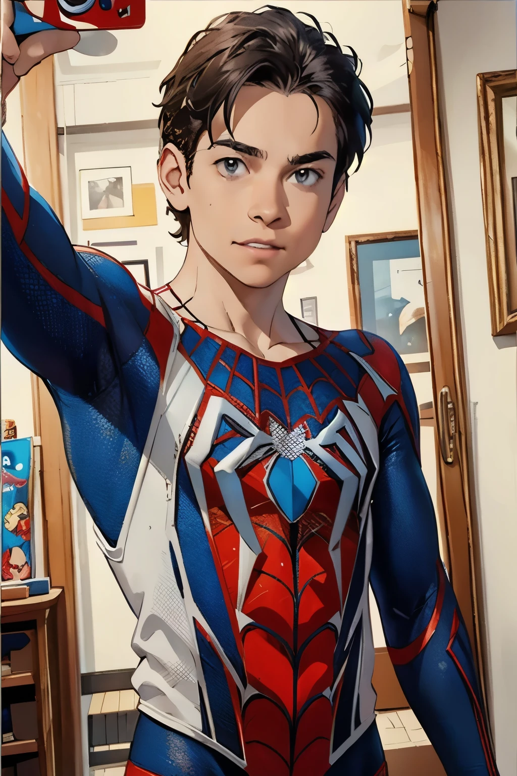 upper body, solo, boy, power, smirk, selfie, looking at viewer, spiderman suit, spider web print, spider web, blue sky, miles morales,