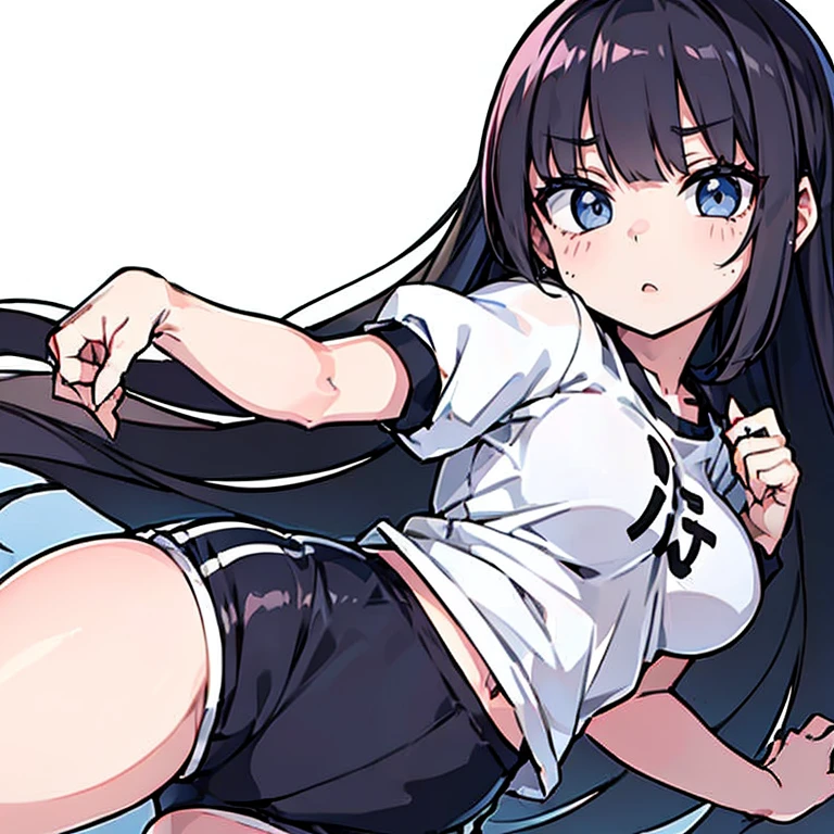 Anime Kawaii sexy Perfect Slim sensual body large breast and huge thighs, An intricate and highly detailed illustration of anime (Young girl). standing alone、high school girl、Caucasian skin、Make-up natural、Bblack hair、bangss、long straight hair、(((White short sleeve upper body t-shirt)))、(((Long, white workout clothes)))、(((Very tight bloomers)))、(((Marine Blooms)))、(((Tuck the bottom of your gym clothes into your shorts)))、breasts big、((big-ass))、(((School's yard)))、(((realistic fingers)))、(((realistic styling)))、((perfect figure))、(((vertical)))、(((rear view)))、(((Future Perspective)))