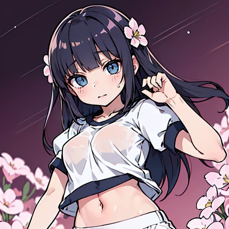 Anime Kawaii sexy Perfect Slim sensual body large breast and huge thighs, An intricate and highly detailed illustration of anime (Young girl). standing alone、high school girl、Caucasian skin、Make-up natural、Bblack hair、bangss、long straight hair、(((White short sleeve upper body t-shirt)))、(((Long, white workout clothes)))、(((Very tight bloomers)))、(((Marine Blooms)))、(((Tuck the bottom of your gym clothes into your shorts)))、breasts big、((big-ass))、(((School's yard)))、(((realistic fingers)))、(((realistic styling)))、((perfect figure))、(((vertical)))、(((rear view)))、(((Future Perspective)))