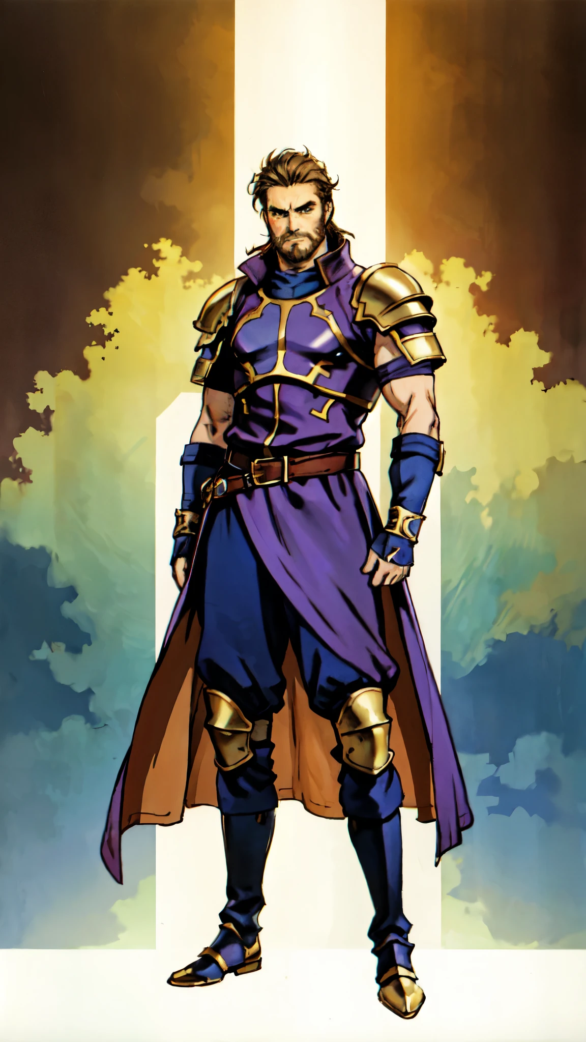 (masterpiece:1.2, best quality:1.2, extremely delicate:1.2), ((male:1.5)), a middle-aged man with short dark blue hair, a green headband tied around his forehead, sharp eyes, a heroic face, long sideburns, a long beard on his chin, a confident expression, a tall and muscular build, a fantasy-realist style short-sleeved coat, with a white and green form-fitting chest armor underneath, a flowing cape hangs from his right shoulder, heavy iron wrist guards, his belt is connected to small skirt armor plates, coarse cloth trousers, long boots that include shin guards, stands like a guardian in front of a city gate, this character embodies a finely crafted fantasy-realist style warrior in anime style, exquisite and mature manga art style, dramatic, high definition, highres, ultra-detailed, ultra-fine painting, professional, perfect body proportions, golden ratio, anatomically correct, symmetrical face, extremely detailed eyes and face, high quality eyes, creativity, RAW photo, UHD, 32k, Natural light, cinematic lighting, (masterpiece-anatomy-perfect:1.2)