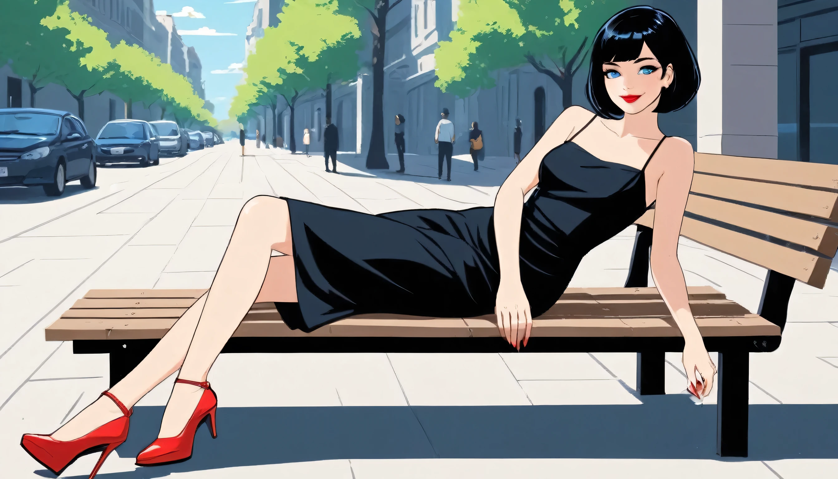Vector illustration, girl, minimalist, flat color, A Female with bob black haircut with blue eyes and Red lips, bare shoulders, black dress, taut dress, spaghetti strap black dress, sleeveless, black high heels, laying down on a a bench in the sidewalks streets at daytime in the background, 1 girl, solo, looking at viewers, smile, full body,