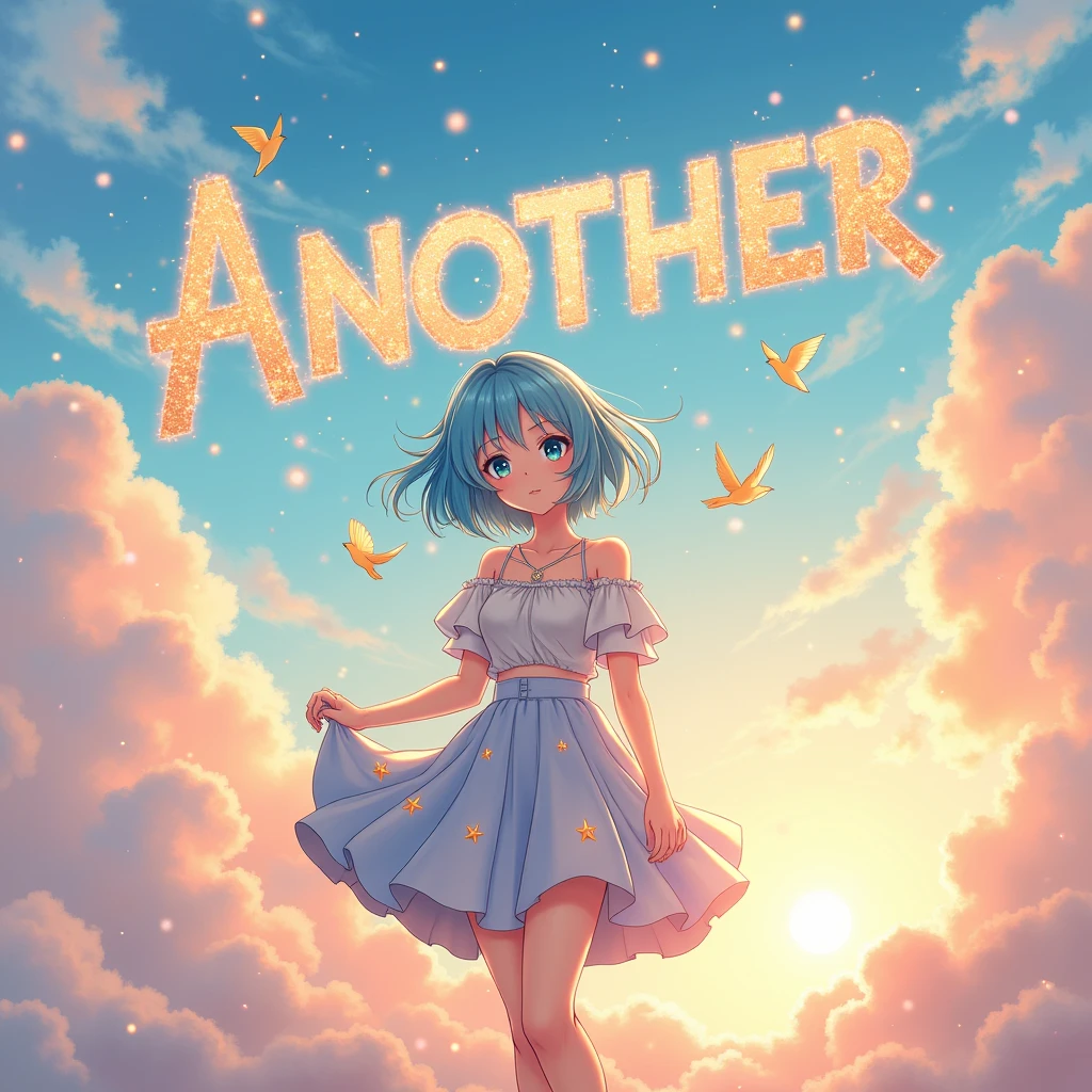 make a banner that says "ANOTHER" in the sky, with lots of details and featuring an ADULT anime girl, and with a playful tone