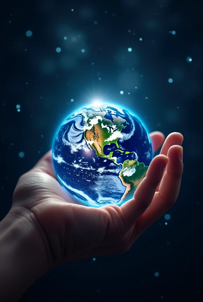 Close-up of hand, hand holding earth, Shining Universe,Blue glowing earth