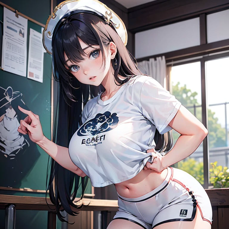 Anime Kawaii sexy Perfect Slim sensual body large breast and huge thighs, An intricate and highly detailed illustration of anime (Young girl). standing alone、high school girl、Caucasian skin、Make-up natural、Bblack hair、bangss、long straight hair、(((White short sleeve upper body t-shirt)))、(((Long, white workout clothes)))、(((Very tight bloomers)))、(((Marine Blooms)))、(((Tuck the bottom of your gym clothes into your shorts)))、breasts big、((big-ass))、(((School's yard)))、(((realistic fingers)))、(((realistic styling)))、((perfect figure))、(((vertical)))、(((rear view)))、(((Future Perspective)))