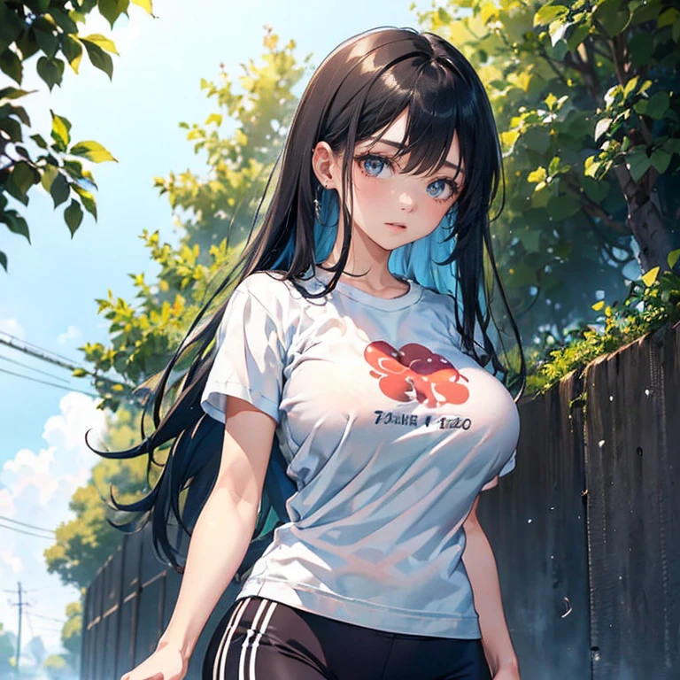 Anime Kawaii sexy Perfect Slim sensual body large breast and huge thighs, An intricate and highly detailed illustration of anime (Young girl). standing alone、high school girl、Caucasian skin、Make-up natural、Bblack hair、bangss、long straight hair、(((White short sleeve upper body t-shirt)))、(((Long, white workout clothes)))、(((Very tight bloomers)))、(((Marine Blooms)))、(((Tuck the bottom of your gym clothes into your shorts)))、breasts big、((big-ass))、(((School&#39;s yard)))、(((realistic fingers)))、(((realistic styling)))、((perfect figure))、(((vertical)))、(((rear view)))、(((Future Perspective)))
