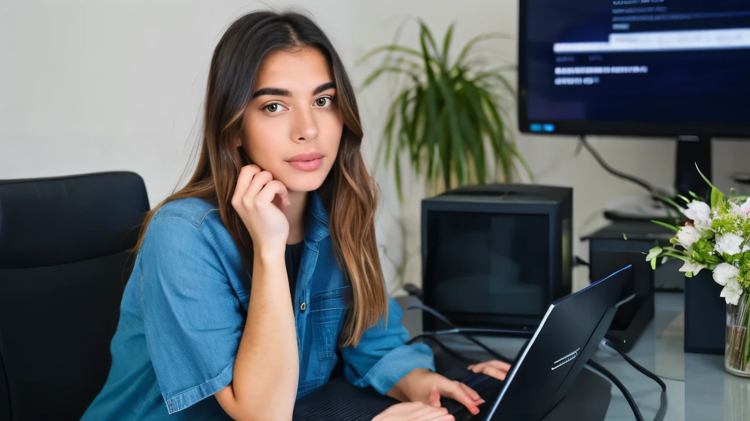 An influencer girl staring intently at her computer