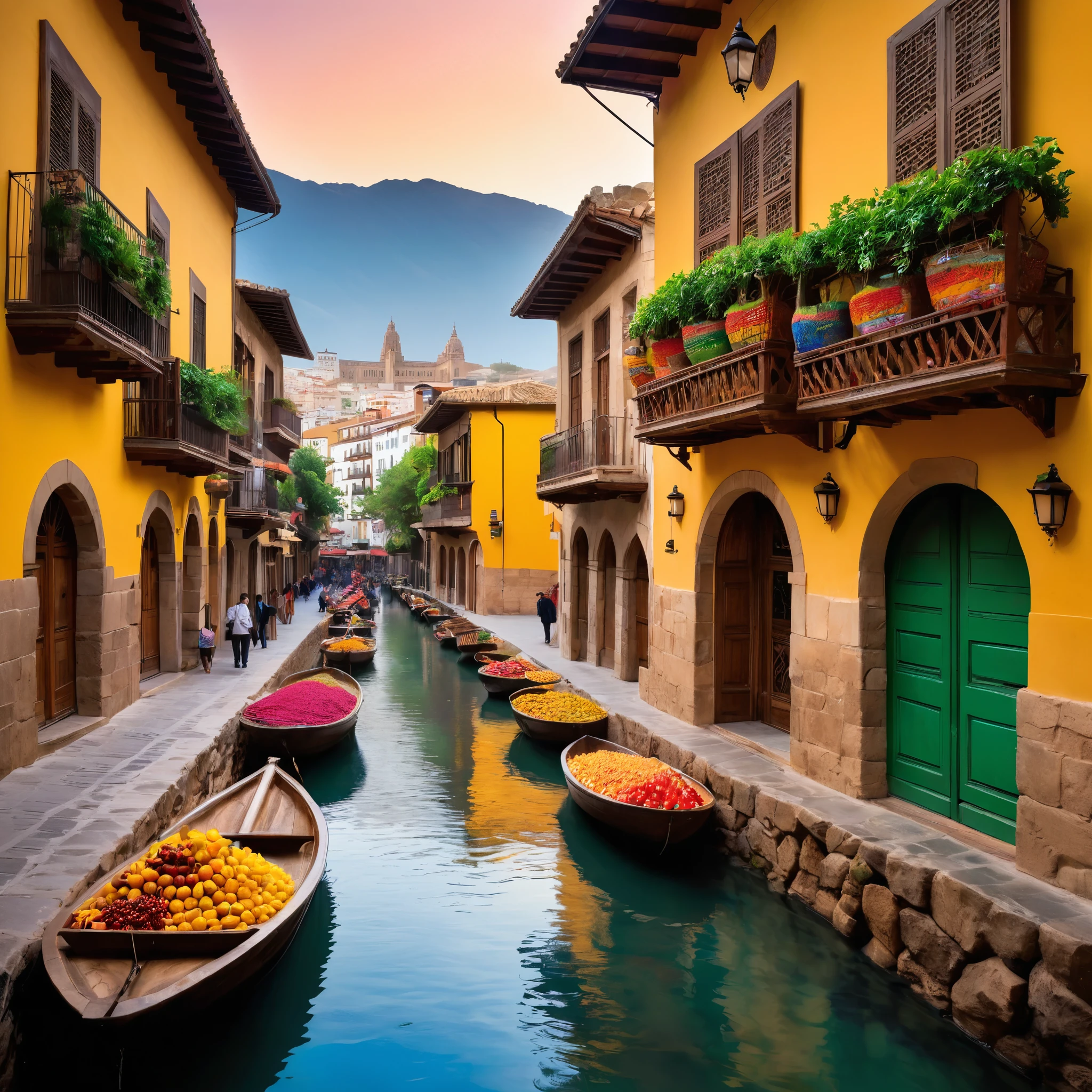Spain,Latin,A beautiful ancient city bathed in the warm light of a breathtaking sunset, Ancient cobblestone street, A magnificent building with exquisite architecture, Vibrant market stalls filled with colorful fruit and textiles, Locals in traditional clothing々are living their daily lives, A calm river flowing through the city, Reflecting the enchanting colors of the sunset, mountain rising in the distance々Silhouette of, The distant sounds of music and laughter fill the air., The smell of exotic spices wafting from street food, Art and sculpture masterpieces on display in an open-air gallery, The city's history and culture are reflected in the stones and alleys々is woven into, A sense of tranquility and harmony in the middle of a bustling city, Birds soaring into the sky, Create an enchanting atmosphere, Vibrant colors of the sunset painting the sky with hues of orange, pink, Purple and, Warm golden light casting long shadows on an ancient wall, A gentle breeze carrying whispers of stories from the past, A fantastic and magical atmosphere, Capture the timeless beauty and charm of the ancient city in this masterpiece of art. (Highest quality, High resolution, Realistic, Vibrant colors, Vivid lighting)