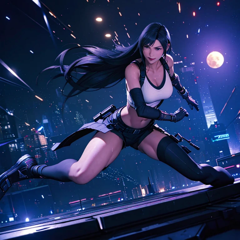 ((Master quality, 8K, masterpiece:1.3, ultra-detailed, high resolution, RAW Photos, detailed , blurry, Actual, hyper realistic, photo, HDR)), BREAK, perfect anatomy, perfect hands, perfect legs, perfect feet, detailed eyes, BREAK, One person alone, ff7r style, tifa lockhart,, beautiful face, beautiful detailed eyes, (dynamic posing ), long hair, ( Round and Stacked Breasts ), Cleavage, Slim waist, seductive smile:1.5, Sweat-soaked skin, BREAK, wearing( A single Cat tail on the butt), , Graffiti art, BREAK, ( Random Angle, full-body, ), dynamic angle, , background(Realistic , cinematic lighting, depth of field, night , the full moon,, cyberpunk city atmosphere light particles, , )