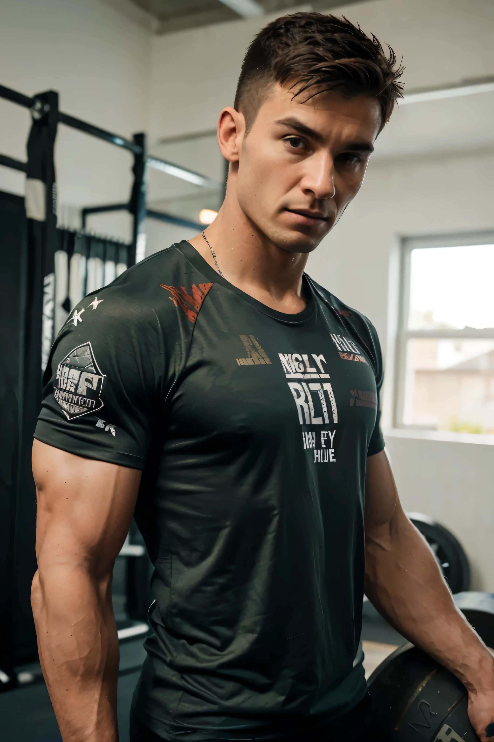 a slim, athletic, hyper-realistic male CrossFit athlete wearing a cool men's t-shirt with a faded military-style print