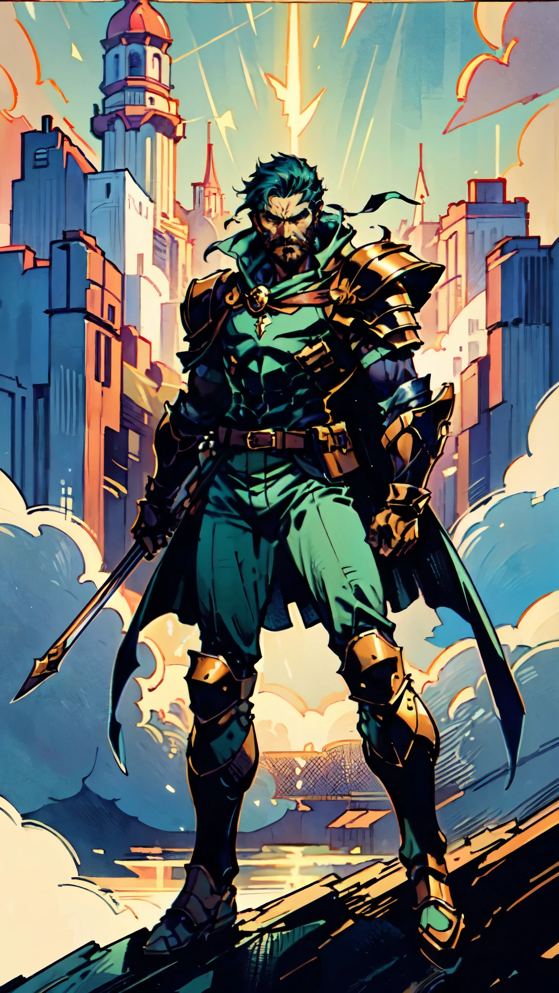 (masterpiece:1.2, best quality:1.2, extremely delicate:1.2), ((male:1.5)), a middle-aged man with short dark blue hair, a green headband tied around his forehead, sharp eyes, a heroic face, long sideburns, a long beard on his chin, a confident expression, a tall and muscular build, a fantasy-realist style short-sleeved coat, with a white and green form-fitting chest armor underneath, a flowing cape hangs from his right shoulder, heavy iron wrist guards, his belt is connected to small skirt armor plates, coarse cloth trousers, long boots that include shin guards, stands like a guardian in front of a city gate, this character embodies a finely crafted fantasy-realist style warrior in anime style, exquisite and mature manga art style, dramatic, high definition, highres, ultra-detailed, ultra-fine painting, professional, perfect body proportions, golden ratio, anatomically correct, symmetrical face, extremely detailed eyes and face, high quality eyes, creativity, RAW photo, UHD, 32k, Natural light, cinematic lighting, (masterpiece-anatomy-perfect:1.2)
