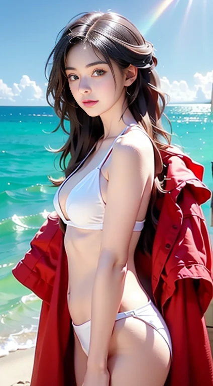 A girl in a white bikini standing on the beach