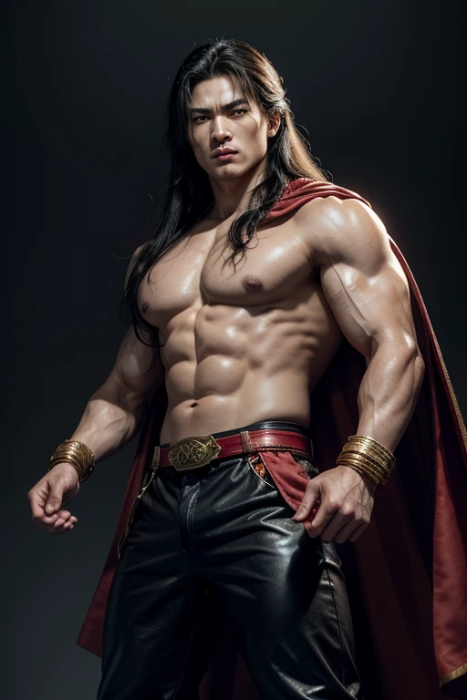 Liu Kang in Mortal Kombat is a muscular man with long hair., ombreiras golden com vários espinhos, wering a red cape, neutral black pants , black and red leather bracelets, golden 