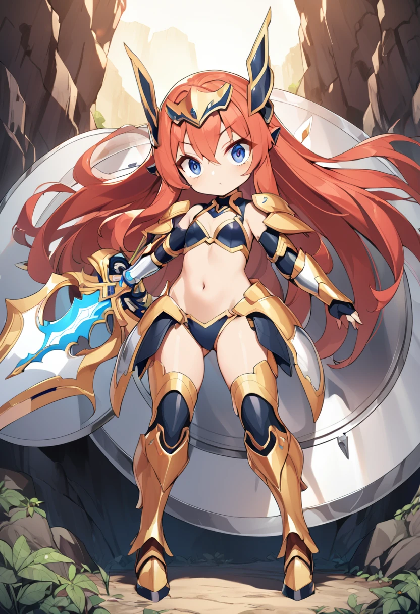 1woman, solo, long hair, big eyes, bikinia armour, bare stomach, bare navel, bare thgihs, knee armour, legs armour, round shield, sword, cave background, 