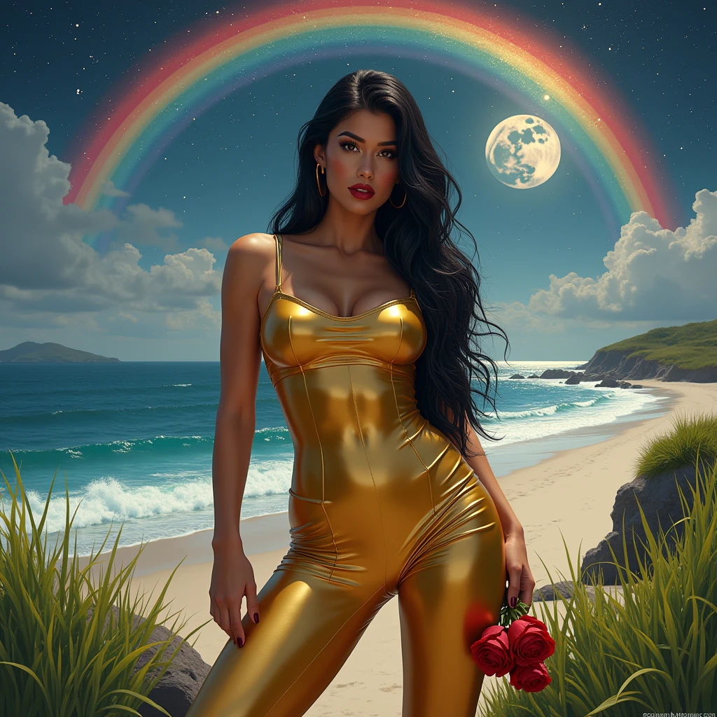 Girl macacão látex gold de frente , , friendly, inviting, looking at viewer, muscular arms, muscular abs, athletic body, pussy, huge breasts, detailed, raw photo, photorealistic, professional photograph, attractive, stunning, cinematic, intricate, artistic, highly complimentary colors, perfect compositioné tênis branco ,Black long hair,blonde Queen,accessories,rose flowers in hand,Poison rose,sexy punk Queen,Red lipstick , Masterpiece, high quality, high resolution,, grama de frente , fundo realistic mar água do mar, a sol estrelas arco íris em cima da imagem e lua abaixo da imgem