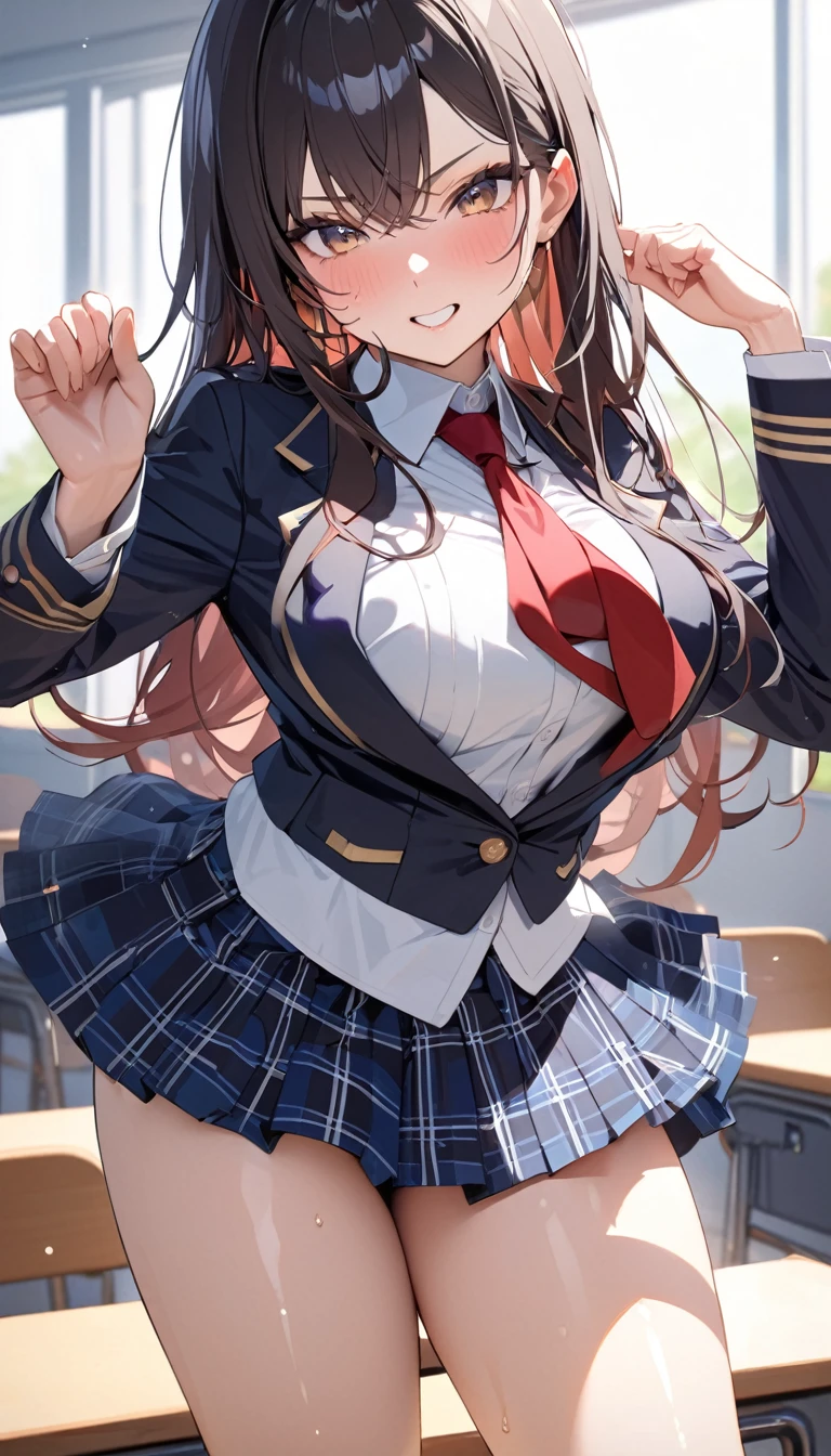 masterpiece,Highest quality,8k,uniform,classroom,high school student,Bold Pose,Big behavior,Shiny hair,Glossy skin,Japanese idol model,