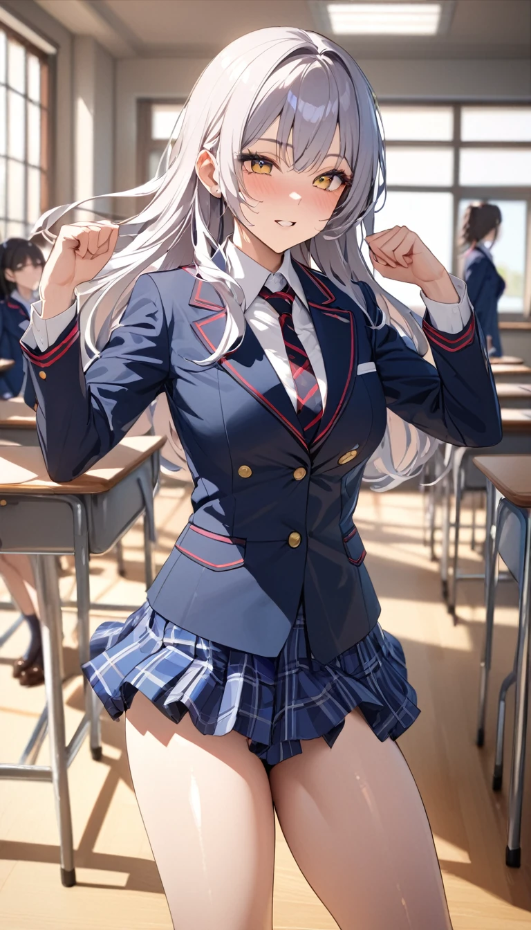masterpiece,Highest quality,8k,uniform,classroom,high school student,Bold Pose,Big behavior,Shiny hair,Glossy skin,Japanese idol model,

