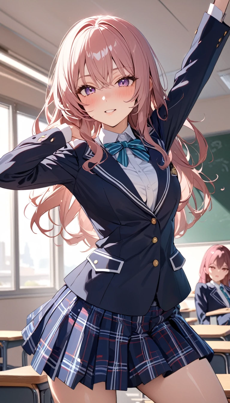 masterpiece,Highest quality,8k,uniform,classroom,high school student,Bold Pose,Big behavior,Shiny hair,Glossy skin,Japanese idol model,