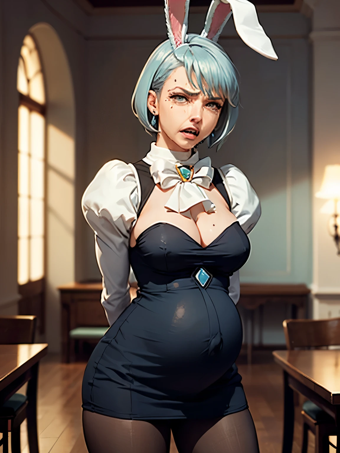 Beautiful woman is shown to have a athletic figure, she is wearing a beautiful nsfw dress, (aafranziska, light blue hair:1.5), ascot, puffy sleeves, pencil skirt, pantyhose, black gloves, jewelry, earrings, (black bunny ears:1.4), black lips, (angry, tears:1.4),, girl standing in a gala ballroom, sexy session, (arms behind back:1.4), exposed cleavage, (pregnant:!.4), cowboy shot, superior quality, many details, realistic