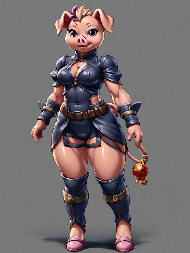 ((pig)), furry female anthro,pig girl,HD,sharp,beautiful and detailed,woman ((anthro)),1girl,Milf, mature woman,pink skin,(look at viewer) ,by dr comet,by pochincoff, by jlullaby,by kingbang,by obui,by ZeroQrisu,by sparrow,by gmeen,thief, thief outfit,((black outfit)),standing,((simple background)),(gray background,)
