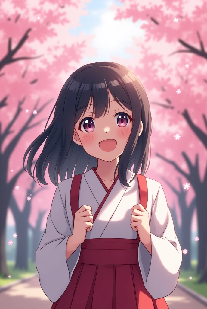 (masterpiece), school, cherry blossoms, outdoors, 1girl, serafuku, medium hair, black hair, smile, medium breasts, light particles, dappled sunlight