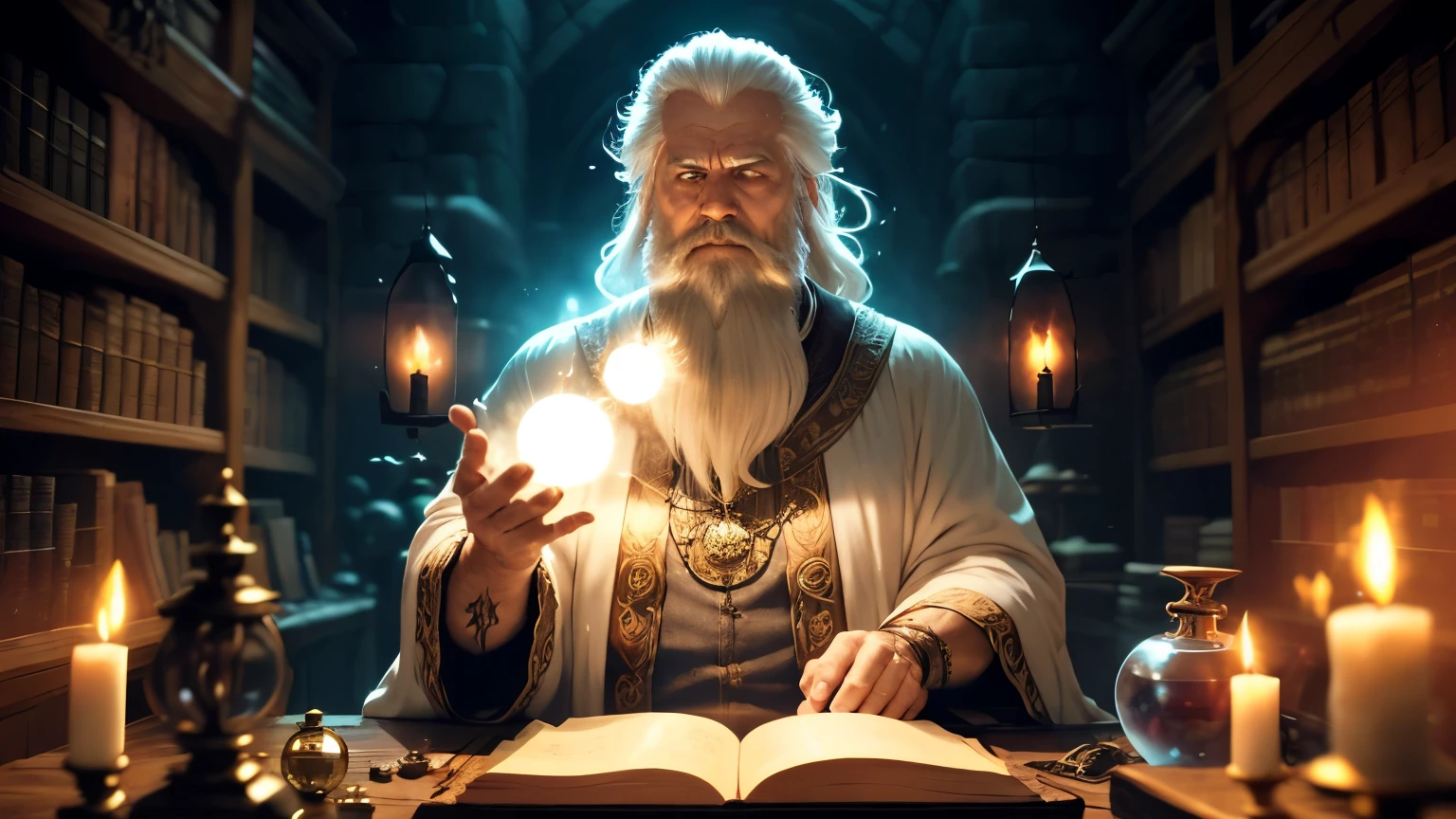 "An old white-haired and white-bearded sorcerer, dressed in dark, flowing robes, stands in his mystical magic laboratory. The room is filled with ancient books, glowing potions, and magical artifacts scattered across wooden shelves and a large, ornate desk. A glowing orb hovers in front of the sorcerer, as he carefully conjures spells with his hands. The laboratory is dimly lit by flickering candles and the eerie glow of magical energy radiating from the various objects around the room, creating a mysterious and enchanting atmosphere