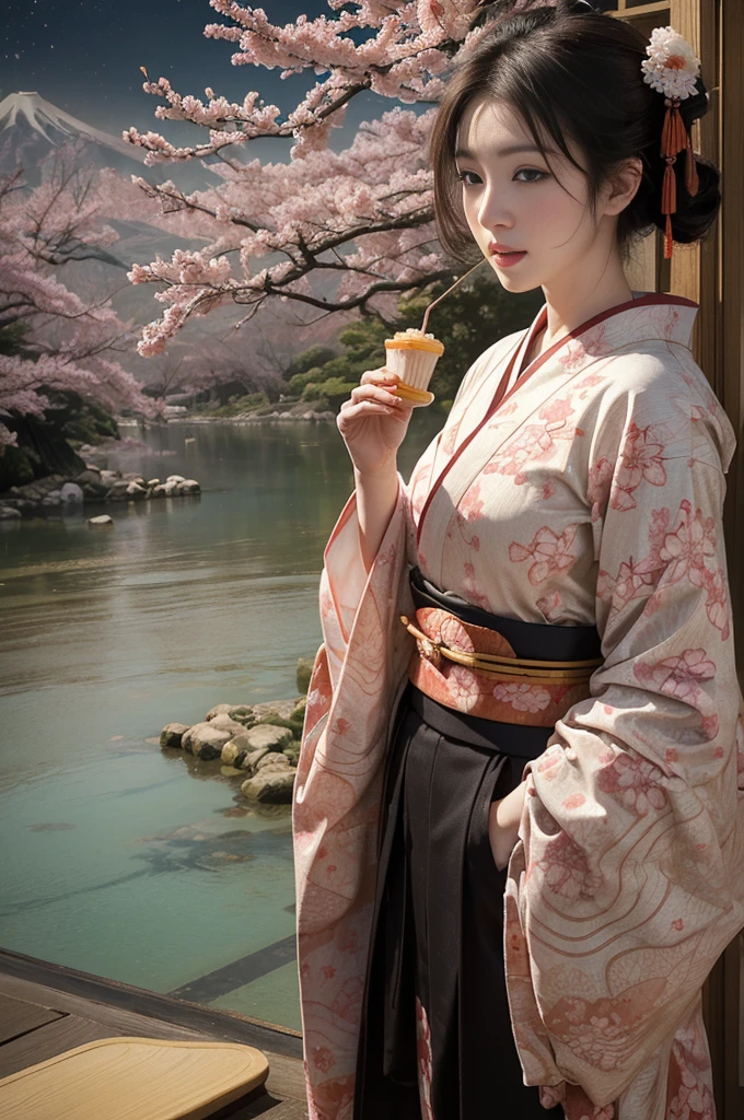 (background:Cherry blossoms on the mountain are covered with mist)((Ukiyo-e))japanese art,or period,tokyo art, lily,Natural landscape.(masseter membrane、top quality、Ukiyo-e style、mystery、Exquisite and beautiful、official art、Sharaku:1.2)、(1 japanese girl eating McDonald's McFries Large-size in:1.3)、(fractal art:1.3)、cowboy shooting、White skin、(beautiful brunette、kimono:1.2)、With Japanese traditional performing arts as the background、colorful、(reel、Belongs to Japanese style:1.2)、