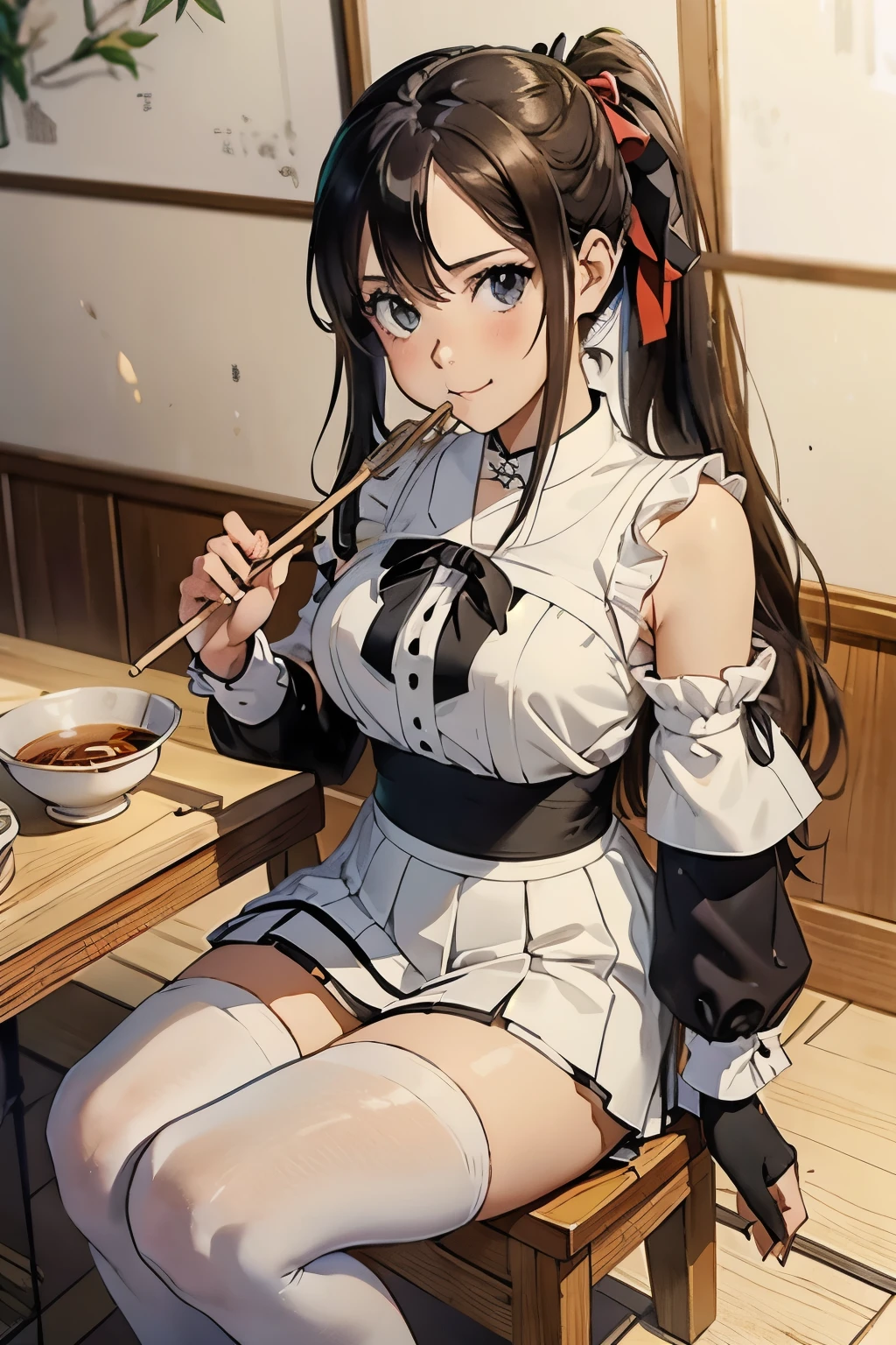 masterpiece, top quality, bewitching pose, full body wide angle, smile, (sitting:1.1) ,ichiraku ramen, (eating ramen noodles:1.0), holding chopsticks and ramen bowl, slurp one's noodles,, silence suzuka (umamusume), black gloves, white skirt, pleated skirt, black pantyhose, layered sleeves, puffy short sleeves, short over long sleeves, black bow, festival,