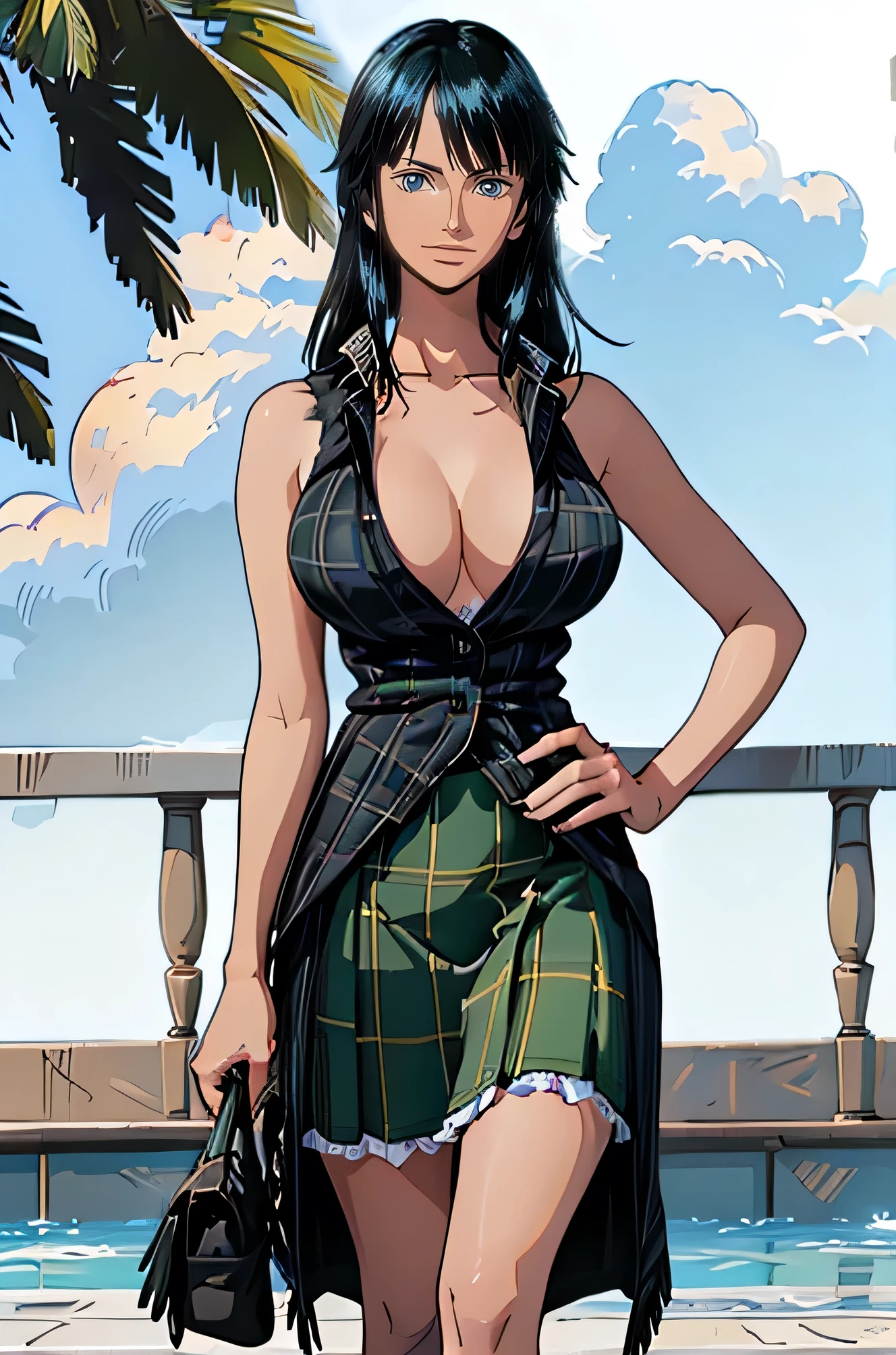 25yo woman, long black straight hair　trim bangs,reached sholder, cowboy shot,  poolside, soft lighting, delightful smile, supermodel, tan skin, athletic build, hourglass figure, waiting to make love to you, Caucasian woman, adult woman showing bare tits, curvy body, curvy west,perfect fingers 、plaid coat,
Blue, white, and orange stripes on the cuffs of the coat;
((((A green  long plaid skirt with fringes)))),
Black waistband visible above the skirt.
White knee-length socks with blue stripes on top;
pointy shoes with black heels,
Double-breasted coat with visible buttons
Short-sleeved innerwear with round neckline, slightly visible on the chest,
Her chest is exposed and her breasts are visible.
Setting: Models are walking down the runway、(((((hugebreasts:1.2))))),(((showing us perfect nipples, perfect areola, perfect nipples, estimated bust 88cm)))　