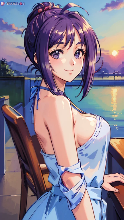((masterpiece, Highest quality, Highest quality, Official Art, beautifully、beautiful:1.2)),((masterpiece)),((Vibrant colors)),((Ayako Katagiri)),((幸せそうなsmile)),((smile)),((looks fun)),(Cafe Terrace),(Big Breasts),(((Side bust))),(sunset),(Skin exposed),(Cool)