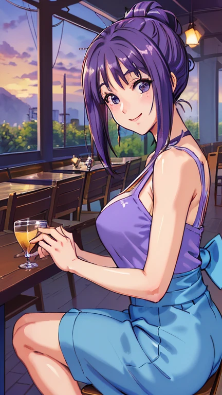 ((masterpiece, Highest quality, Highest quality, Official Art, beautifully、beautiful:1.2)),((masterpiece)),((Vibrant colors)),((Ayako Katagiri)),((幸せそうなsmile)),((smile)),((looks fun)),(Cafe Terrace),(Big Breasts),(((Side bust))),(sunset),(Skin exposed),(Cool)