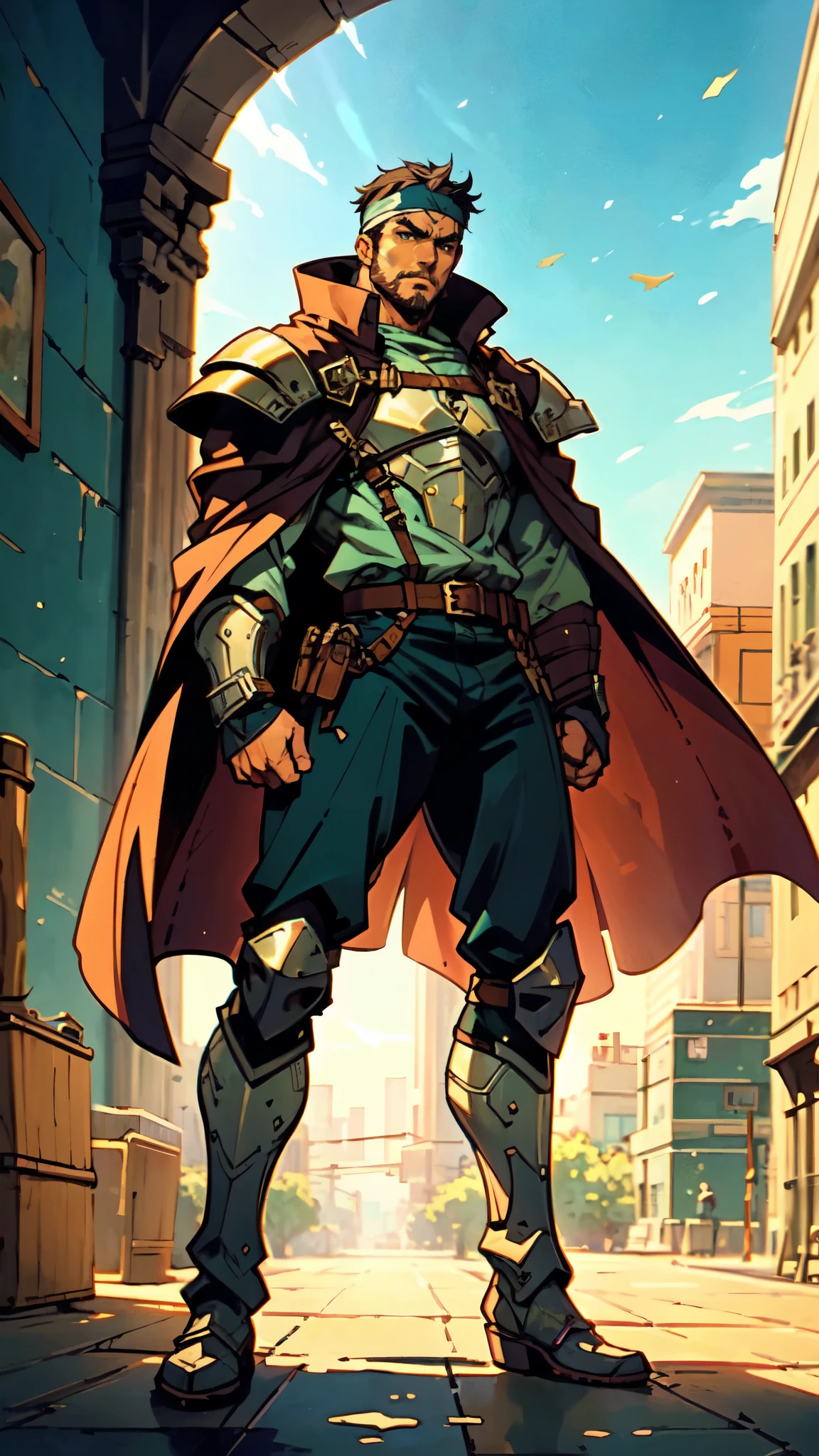 (masterpiece:1.2, best quality:1.2, extremely delicate:1.2), ((male:1.5)), a middle-aged man with short dark blue hair, a green headband tied around his forehead, sharp eyes, a heroic face, long sideburns, a long beard on his chin, a confident expression, a tall and muscular build, a fantasy-realist style short-sleeved coat, with a white and green form-fitting chest armor underneath, a flowing cape hangs from his right shoulder, heavy iron wrist guards, his belt is connected to small skirt armor plates, coarse cloth trousers, long boots that include shin guards, stands like a guardian in front of a city gate, this character embodies a finely crafted fantasy-realist style warrior in anime style, exquisite and mature manga art style, dramatic, high definition, highres, ultra-detailed, ultra-fine painting, professional, perfect body proportions, golden ratio, anatomically correct, symmetrical face, extremely detailed eyes and face, high quality eyes, creativity, RAW photo, UHD, 32k, Natural light, cinematic lighting, (masterpiece-anatomy-perfect:1.2)