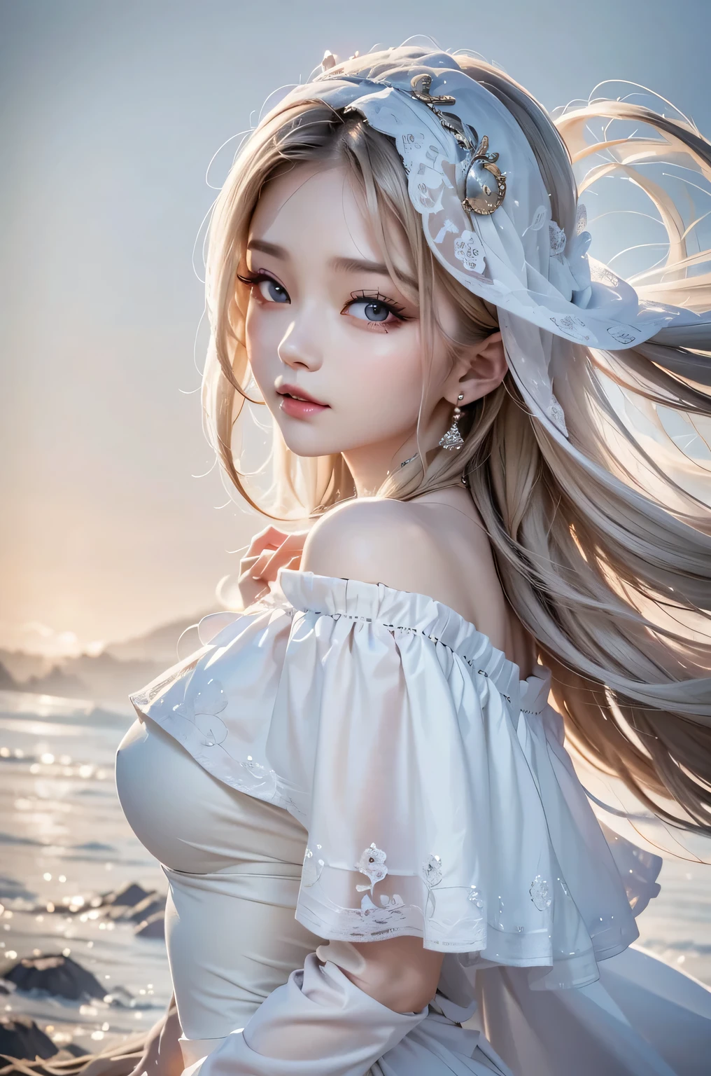 Highest quality, 32K, RAW Photos, Incredibly absurd, Very detailed, Delicate texture, Bust-up of a beautiful woman looking back with a sad expression, Particles of light exploding in the mist, Fantastic and mysterious, Wind, 1girl, honeystyle, Off-the-shoulder clothing
