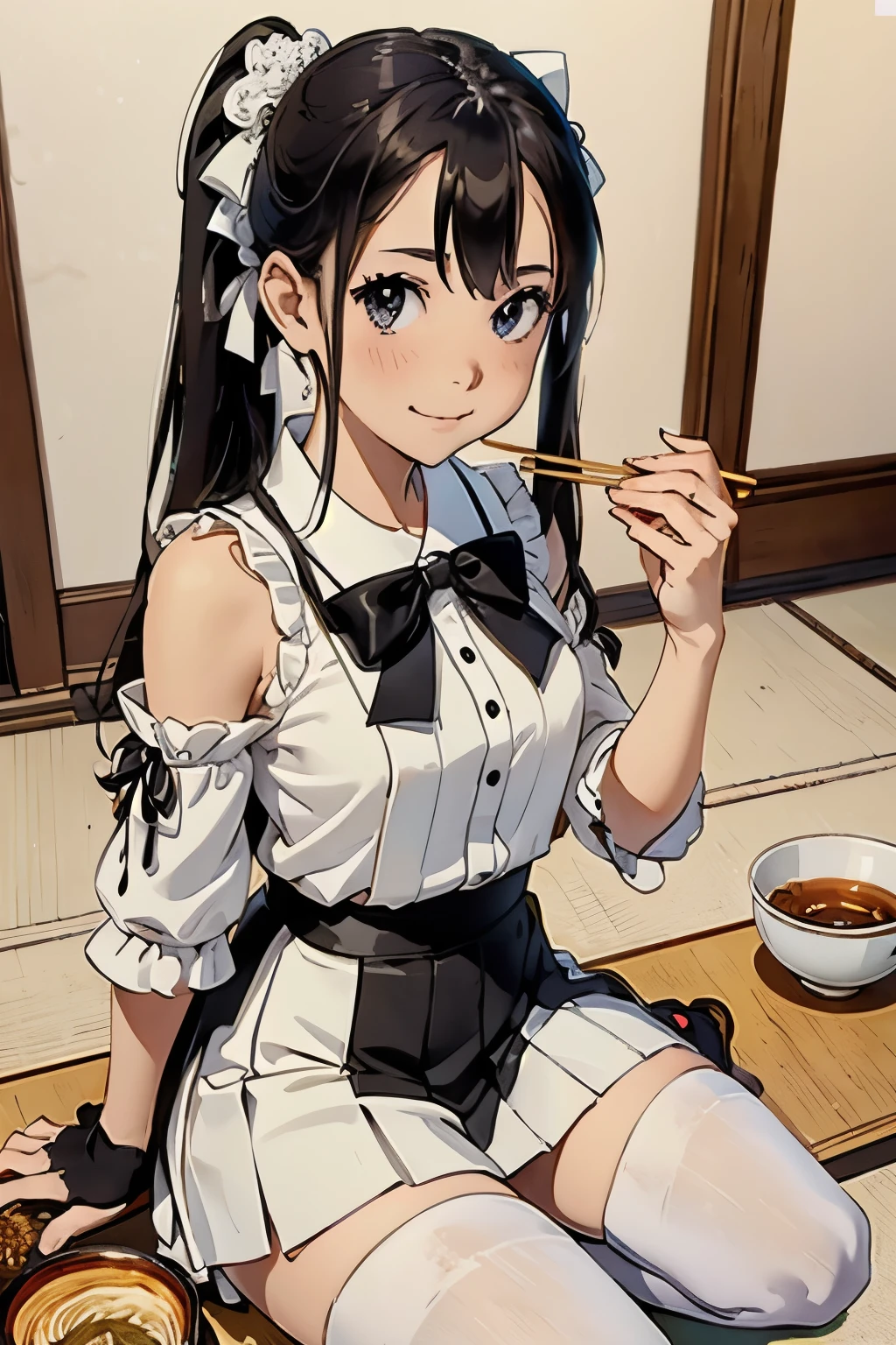 masterpiece, top quality, bewitching pose, full body wide angle, smile, (sitting:1.1) ,ichiraku ramen, (eating ramen noodles:1.0), holding chopsticks and ramen bowl, slurp one's noodles,, silence suzuka (umamusume), black gloves, white skirt, pleated skirt, black pantyhose, layered sleeves, puffy short sleeves, short over long sleeves, black bow, festival,