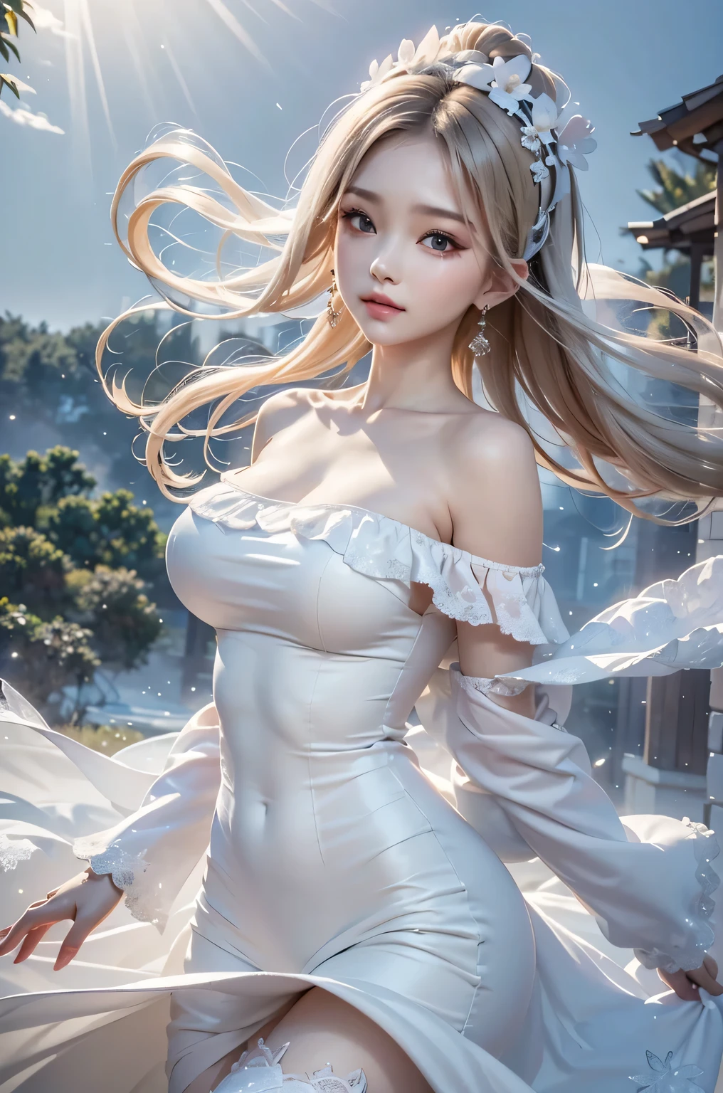 best quality, masterpiece, upper body,
adult woman, (light smile:0.6), 
braided blonde hair,
aquamarine eyes,
see-through open gown,
snowy,  