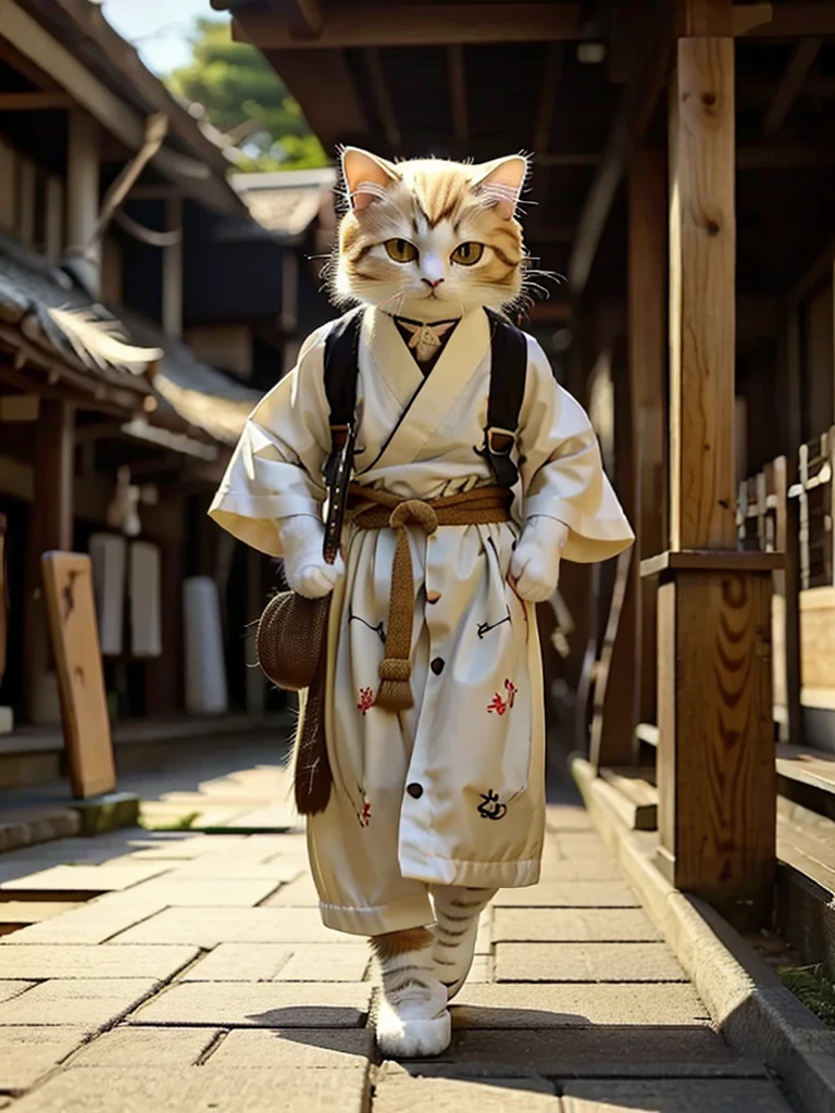 (オスCat)、Masterpiece, Highest quality, Cat:Short stature and short legs, Kimono:Carrying a Japanese sword at the waist, geta, shrine、Cool look, Cute digital illustration art,