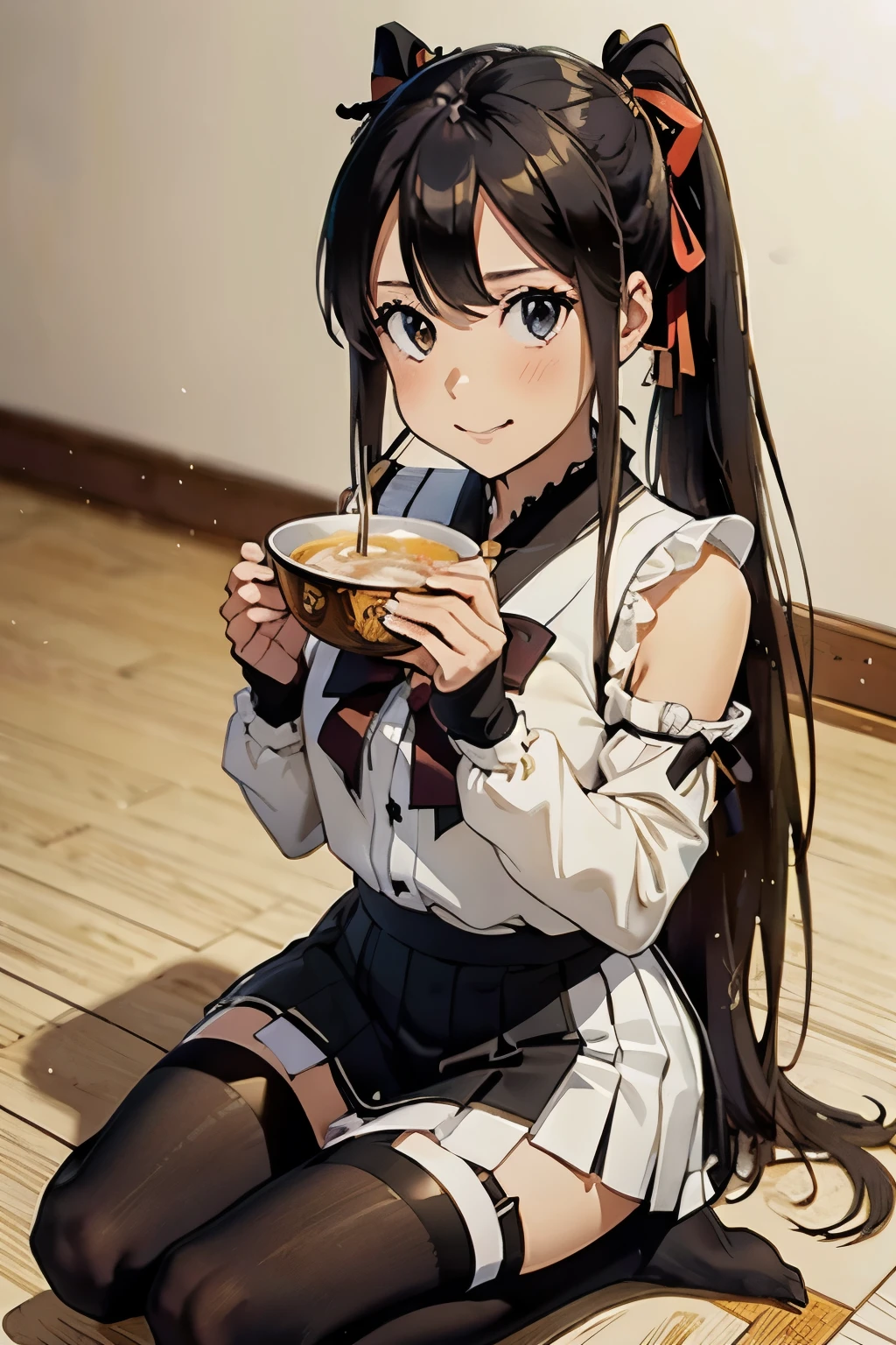 masterpiece, top quality, bewitching pose, full body wide angle, smile, (sitting:1.1) ,ichiraku ramen, (eating ramen noodles:1.0), holding chopsticks and ramen bowl, slurp one's noodles,, silence suzuka (umamusume), black gloves, white skirt, pleated skirt, black pantyhose, layered sleeves, puffy short sleeves, short over long sleeves, black bow, festival,