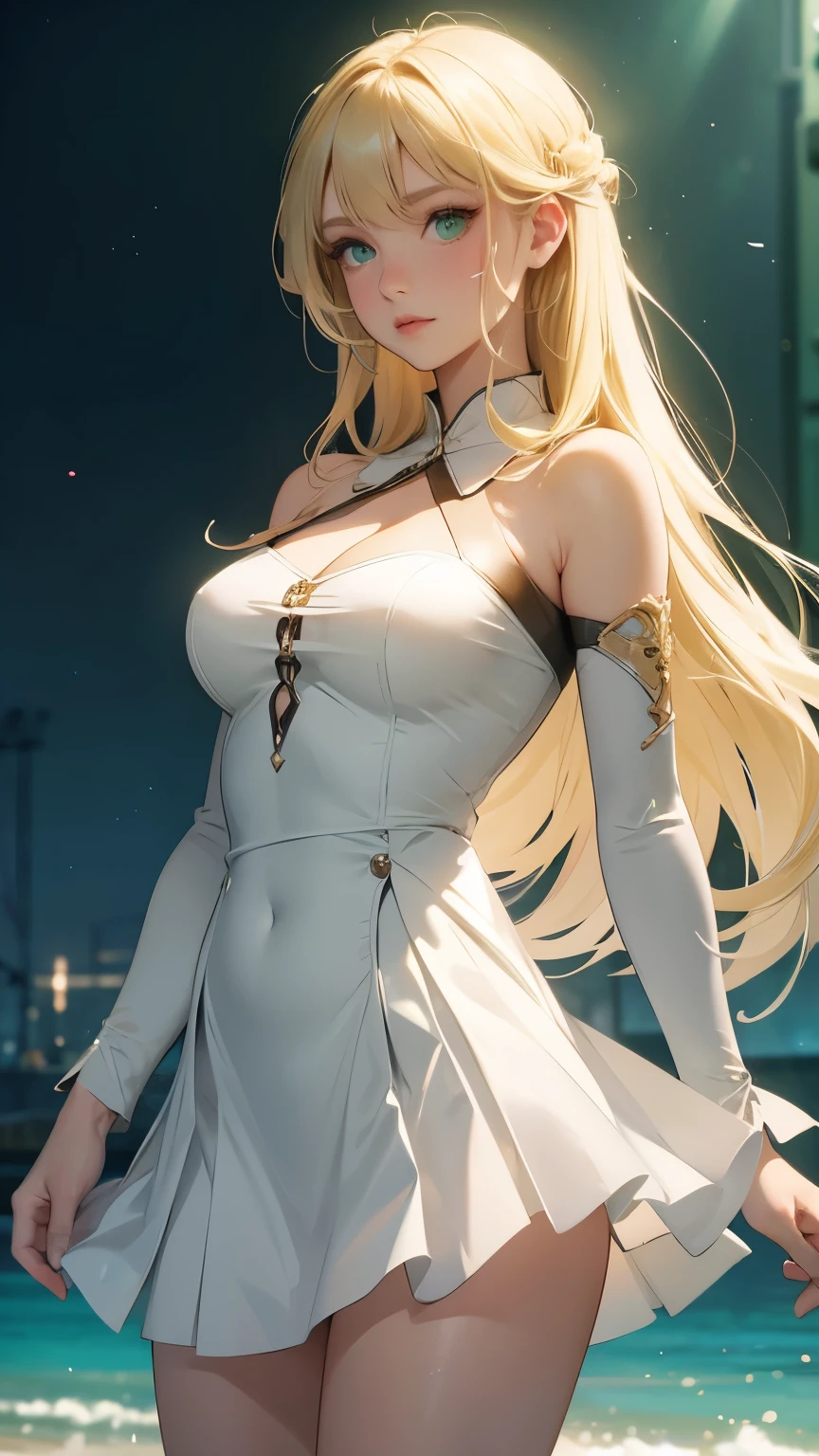 (Better image quality) a beautiful blonde woman with green eyes wearing a tight white miniskirt ;very attractive image.